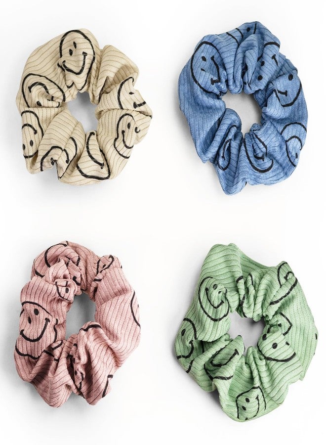 Eunoir 4PCS Large Corduroy Hair Scrunchies for Women and Girls, Thick Elastic No Damage No Crease Hair Ties, Cute Happy Face Series Fabric Hair Accessories (Classic) - Image 1